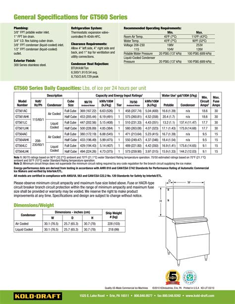 GT560 KOLD-DRAFT Commercial Ice Machines | PDF