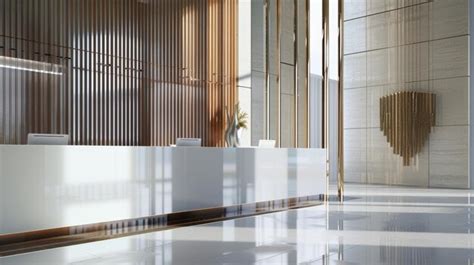 Luxurious lobby interior with high gloss reception desk and art ...