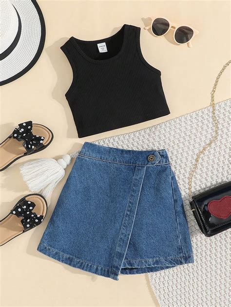 SHEIN Young Girl Ribbed Knit Vest Top And Denim Skort Sets, Summer ...