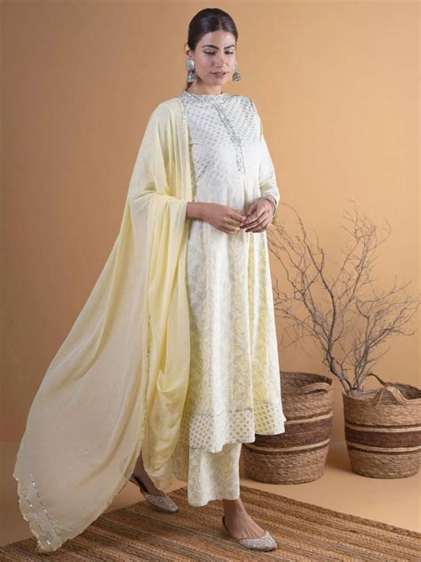 Buy Yellow Printed Cotton A-Line Kurta With Palazzos & Dupatta Online ...