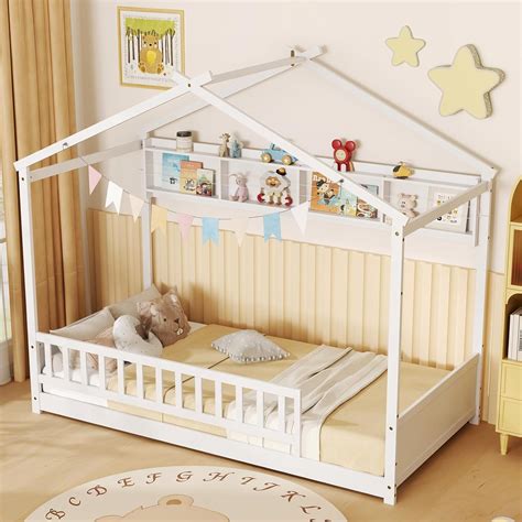 CHENGYUAN Twin Floor House Bed with Storage Shelf, Wood Twin Bed Frames ...