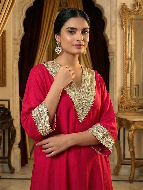 Red Gota Work Silk Kurta with Pants- Set of 2