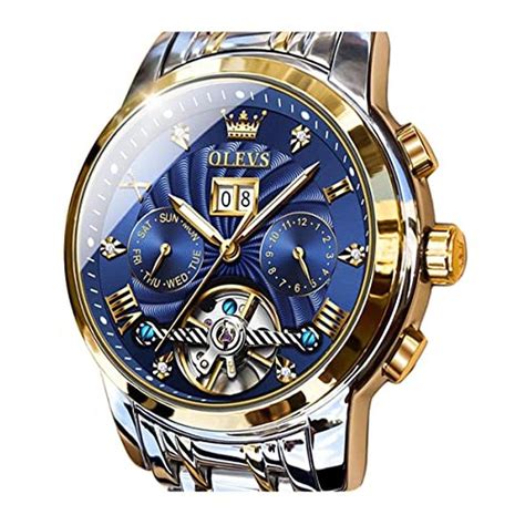 Olevs Men's Luxury Automatic Watch Skeleton 5 Hands Mechanical Blue ...