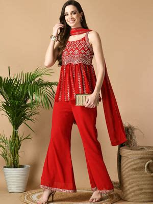 Buy MYSHKA Women Red Georgette Party Top Palazzo with Dupatta (Set of 3 ...