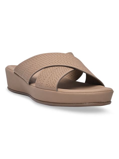 Women Beige Comfort Laser Cut Cross Strap Flats