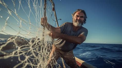 The fisherman catches fish in the sea hard work fishing net boat sea ...
