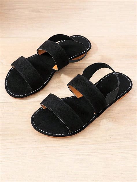 1 Pair Of Teenage Boys Girls Black Sandals With Elastic Suede Back ...