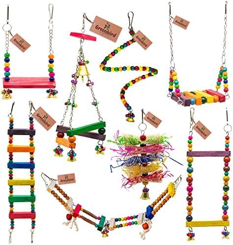 GREENBIRDS Toys Combo Pack of 8 Bird Toys Swing Ladder Perches Playful ...