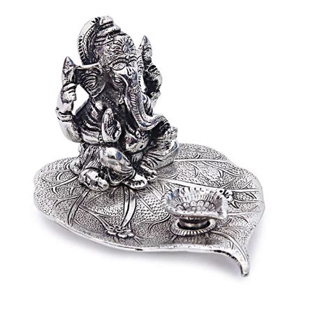 INTERNATIONAL GIFT® Silver Plated Leaf Ganesh God Idol Statue Oxidized ...