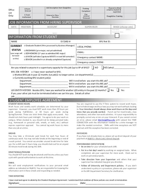 BYU Student Employee Agreement - Blank Fillable Template | Fill Out ...