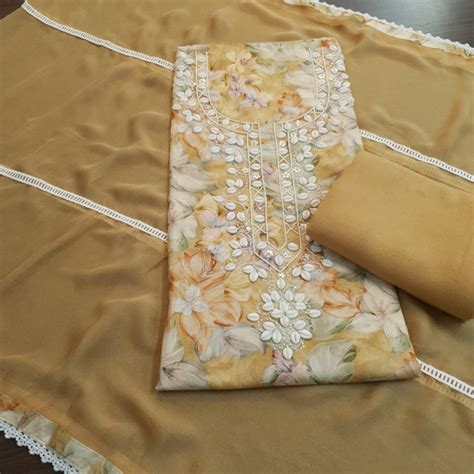 Set 28-1st May - 3D Floral Beige Cotton Kurta - Sea Shells Highlighted ...