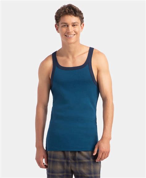 Buy Super Combed Cotton Rib Square Neck Gym Vest - Poseidon & Navy US27 ...