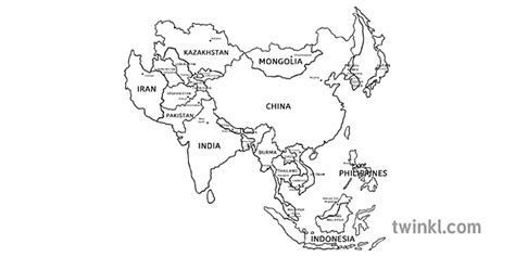 Map of Asia Black and White Illustration - Twinkl