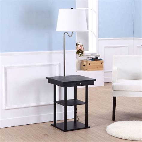 2-in1 Modern Side Table Floor Lamp with White Shade and USB Ports ...