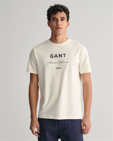 Shop Gant Men Cream Printed Round Neck Short Sleeves T-Shirt - GANT India