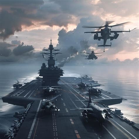 A ship with jets flying over it and a helicopter on the right | Premium ...