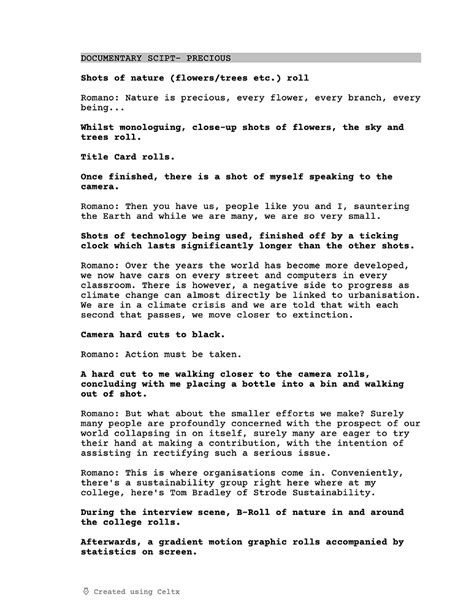 Image result for Docmentary Script Sample