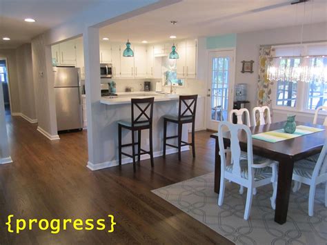 before and after photos of a kitchen, dining room and living room remodel