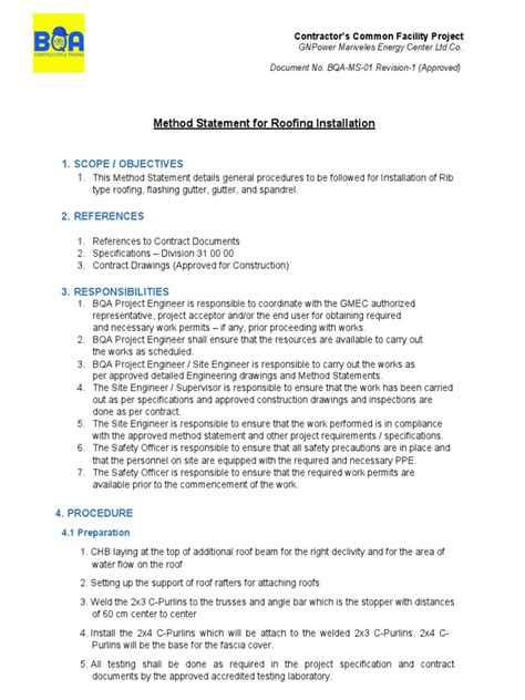 Image result for Roofing Method Statement Example