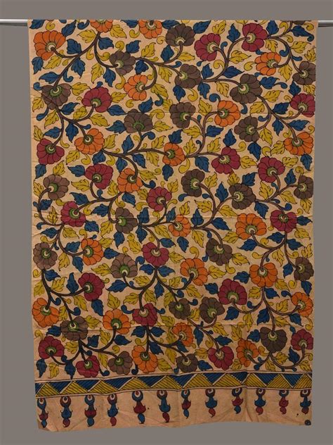 Cream Kalamkari Hand Painted Cotton Handloom Dupatta with Floral Desig ...