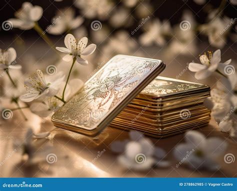 Illustration of Gold Deck of Cards on Spring Flowers Background ...