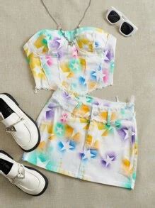 SHEIN EZwear Plus Star Print Bandana Hem Denim Tube Top & Skirt | SHEIN USA