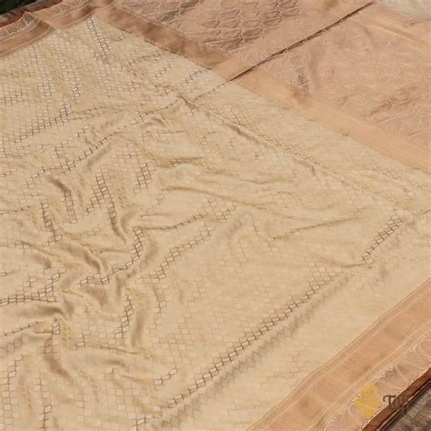 Light Beige Pure Soft Satin Silk Banarasi Handloom Saree - Tilfi