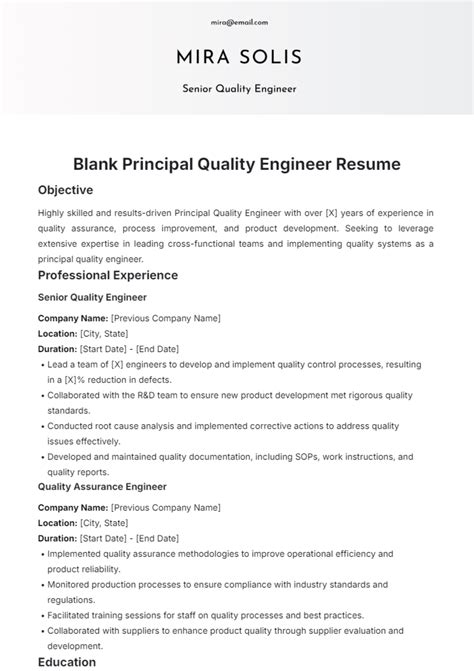 Free Blank Principal Quality Engineer Resume Template to Edit Online