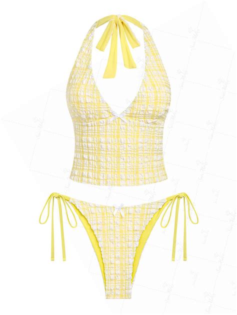 Seamolly Retro Chic Gingham Textured Bowknot Decor Halter Tie Side Tan