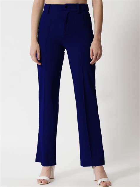 Kotty Women Navy Blue Relaxed Straight Fit High-Rise Easy Wash Trousers ...