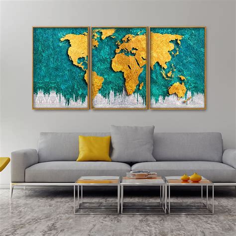Golden World Map Floating Canvas Wall Painting Set of Three – Homcraft