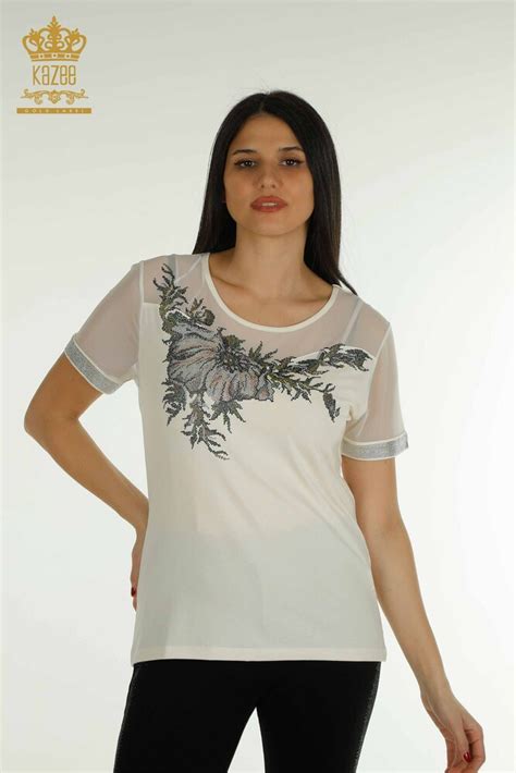 Wholesale Women's Blouse Tulle Detailed Ecru - 79106 | KAZEE