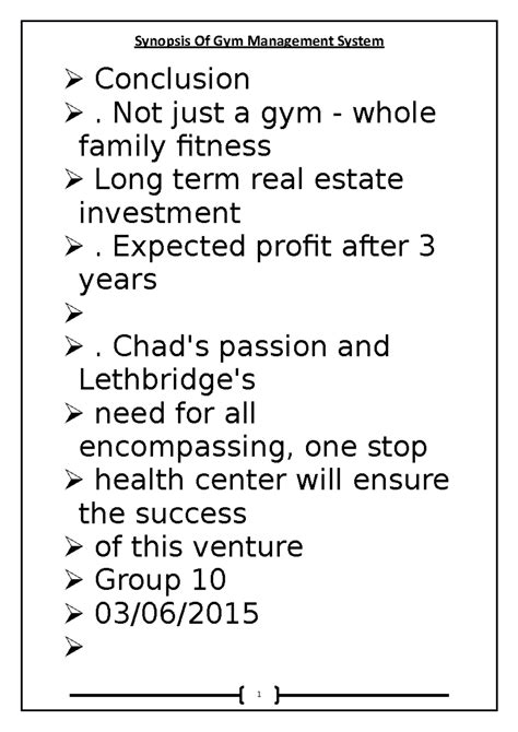 Prafull - PROJECT SYNOPSIS - Conclusion . Not just a gym - whole family ...