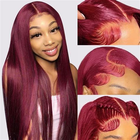 Amazon.com : Burgundy Straight 13x4 Full Lace Front Wigs Human Hair 180 ...