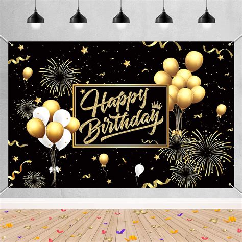 Buy Happy Birthday Banner Backdrop Large Black Gold Birthday Banners ...