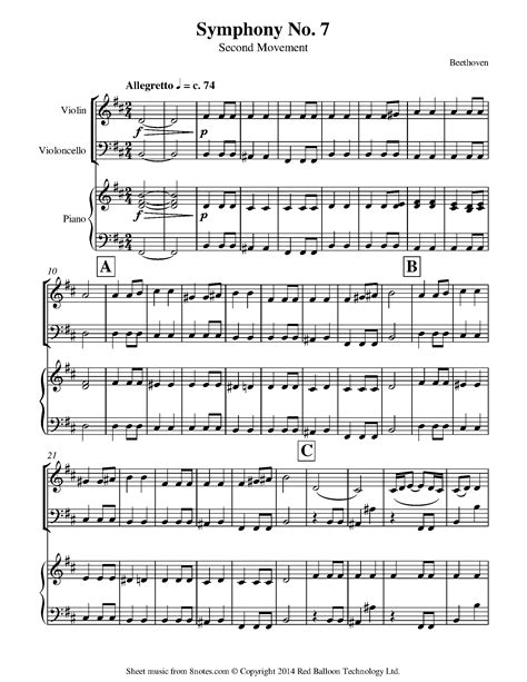 Beethoven - 7th Symphony 2nd mvt theme Sheet music for Violin-Cello ...