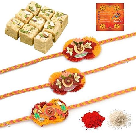 Rakhi Wala Rakhi Gift Packs Soan Papdi 400Gm with Multicolor 3 Pc Moli ...
