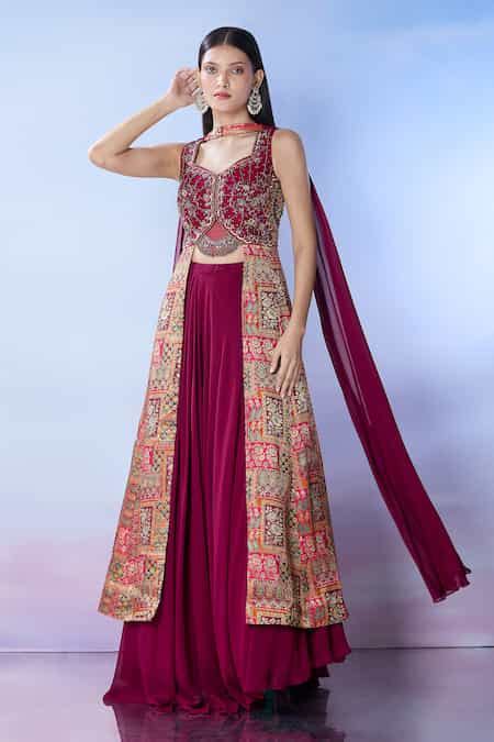 Buy Maroon Silk, Georgette Sequins, Cut Work, Beads Embroidered Lehenga ...