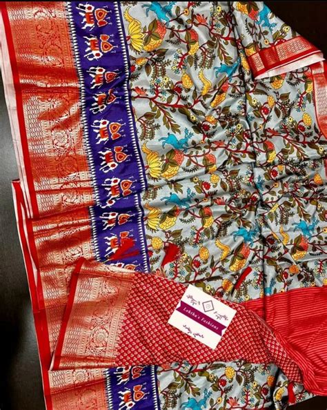 Dola Silk kalamkari Pattu Saree with All over Kalamkari Design With Co ...