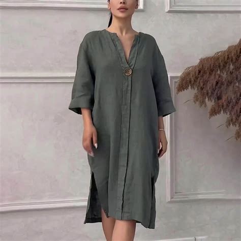 Sakmal Green Spring Dresses for Women 2025 Linern Plus Size Midi Shirt ...