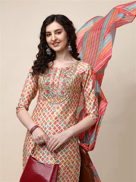 Ethnic Motif Printed & Embroidered Kurta with Pant and Dupatta Set ...