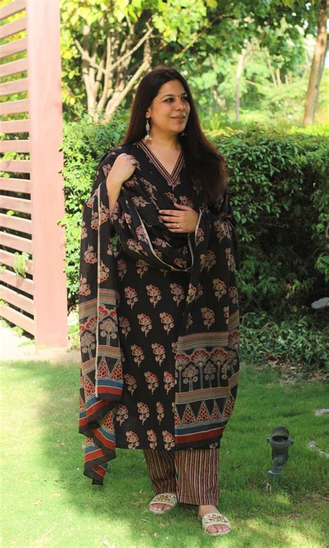 Cotton Ajrakh Print Black Suit Set with Printed Cotton Dupatta – Baareeki