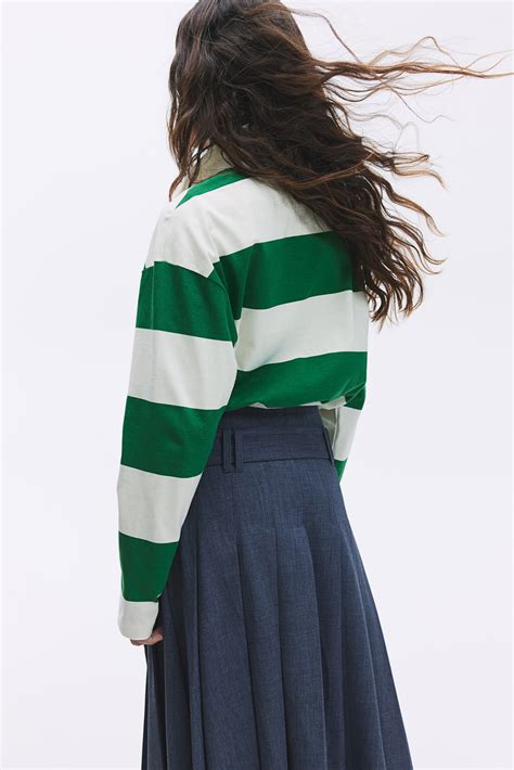 Loose-fit polo shirt - Cream/Green striped - Ladies | H&M GB