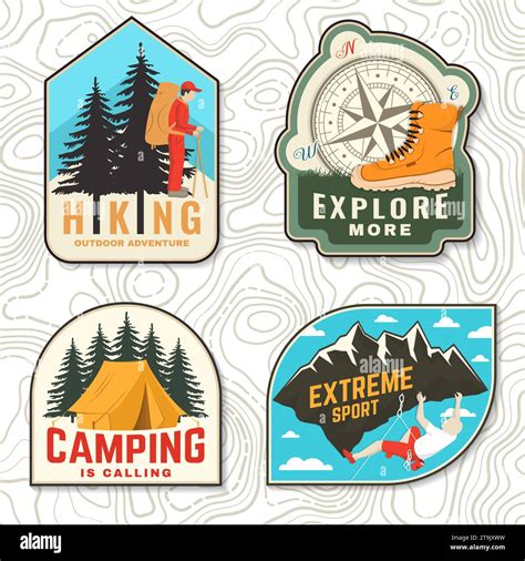 Set of camping patch, sticker. Outdoor adventure vector badge. Vintage ...