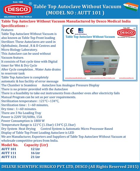 Table Top Autoclave Without Vacuum - Manufacturers, Suppliers ...