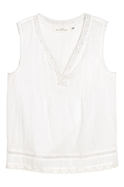 Crinkled cotton top - V-neck - Sleeveless - White - Ladies | H&M IN