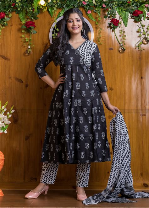 Blacksome Angrakha Style Cotton Kurti Set – Monamaar