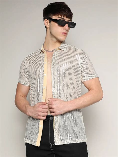 ₹899 | Campus Sutra men's Beige Sheer Sequin Shirt - Campussutra