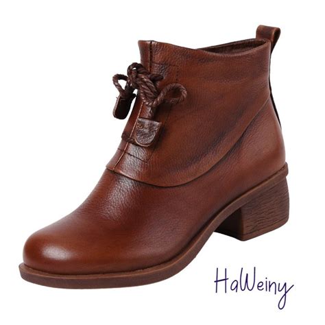 Genuine Leather Ankle Boots Retro Women Shoes Round Toe - Etsy