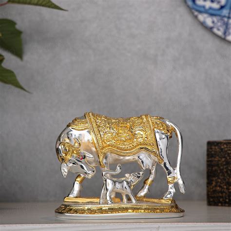 Vastu Kamdhenu Cow with Calf Idol | Gold & Silver Plated